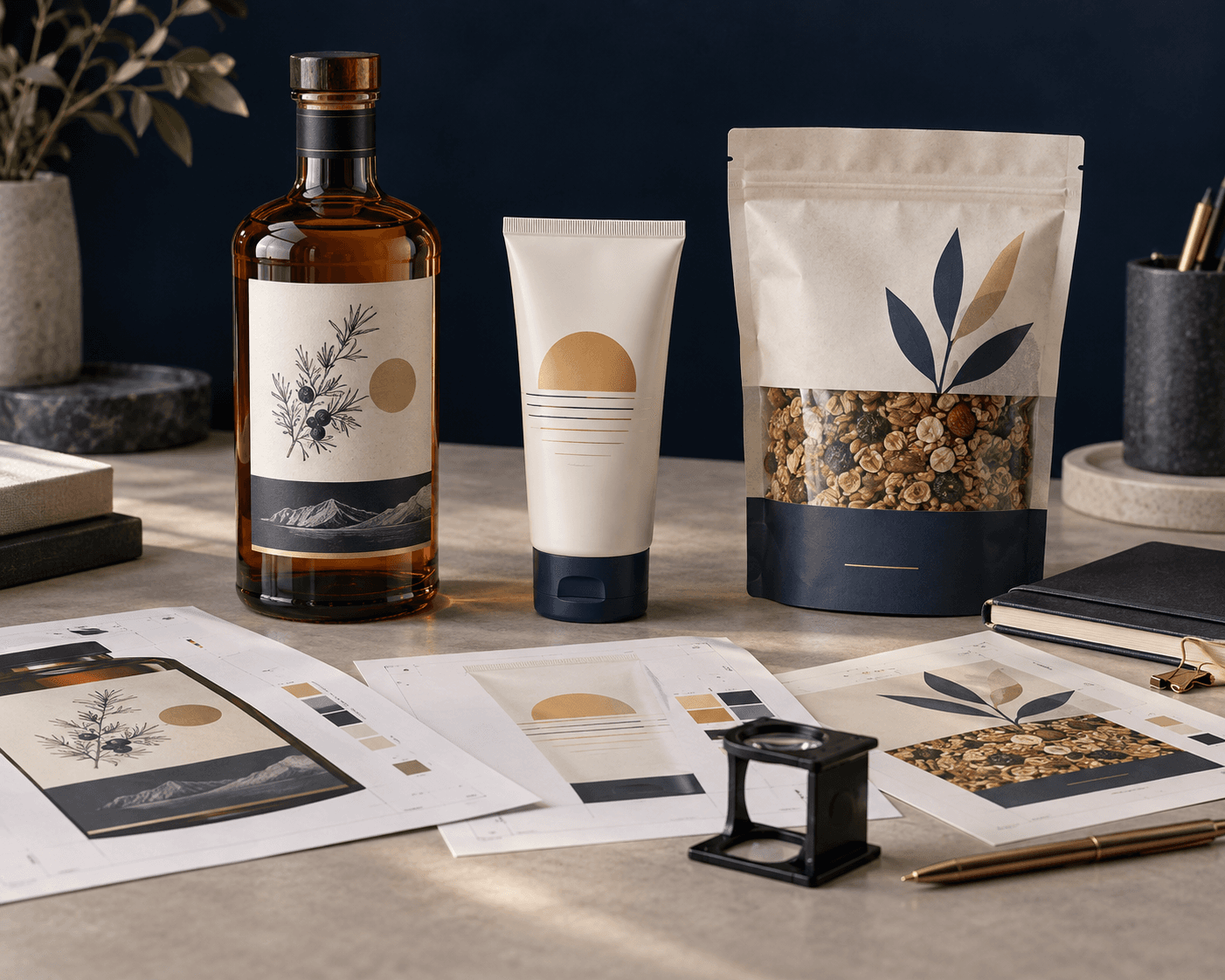 Spritflaska, kosmetikatub och livsmedelsförpackning med etikettoriginal för granskning